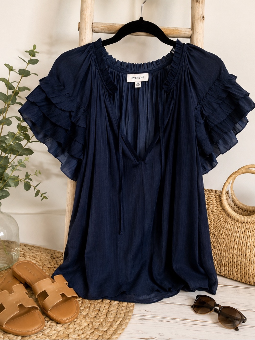 EVEREVE Womens XL Navy Ruffle Flutter Sleeve Split Neck Blouse Flowy Top